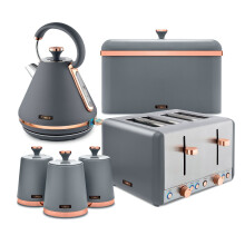 Tower Cavaletto Kitchen Set 4 Piece Bundle – 3kW 1.7L Pyramid Kettle & 4 Slice Toaster with Bread Bin & Canisters – Grey – EEJB474