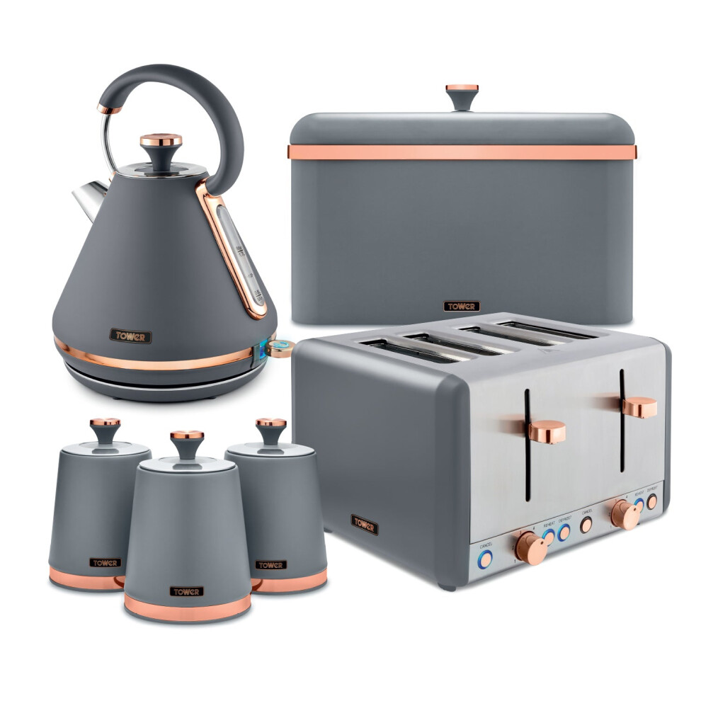 Tower Cavaletto Kitchen Set 4 Piece Bundle – 3Kw 1.7L Pyramid Kettle & 4 Slice Toaster With Bread Bin & Canisters – – Eejb474 Grey