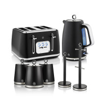 Swan Serenity Kitchen Set Bundle – 1.7L Rapid Boil Kettle & 4 Slice Toaster with Canisters, Mug Tree & Towel Pole – Black – EEJB479