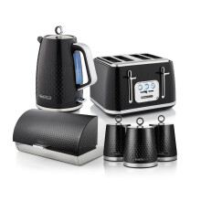 Swan Elegance Kitchen Set Bundle – 1.7L Kettle & 4 Slice Toaster with 14L Bread Bin, Canisters, Mug Tree & Towel Pole – Black – EEJB480