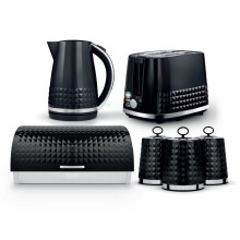 Tower Solitaire Kitchen Set 4 Piece Bundle – 3kW 1.5L Kettle & 2 Slice Toaster with Roll Top Bread Bin & Canisters – Black – EEJB476