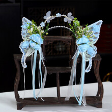 (Blue) Bridal Pearl Flower Headband with Tassel