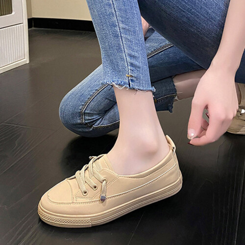 (Khaki, 36) Women\'s Solid Color Lace-Up Sneakers - Holiday Gift 2
