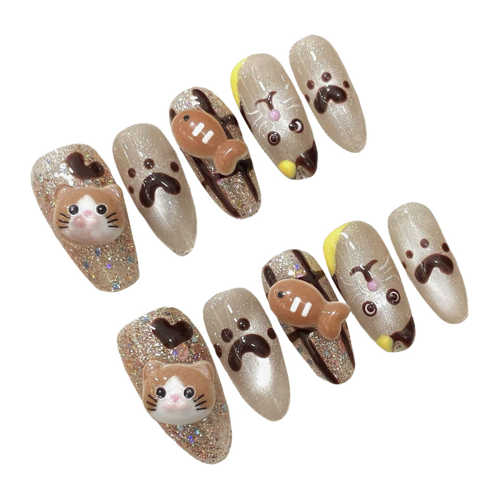 Penghui-Toys (M) Cat Eyes Long Fake Nails With Cat Decor Reusable Long Lasting Press On Nails For Stage Performance Wear