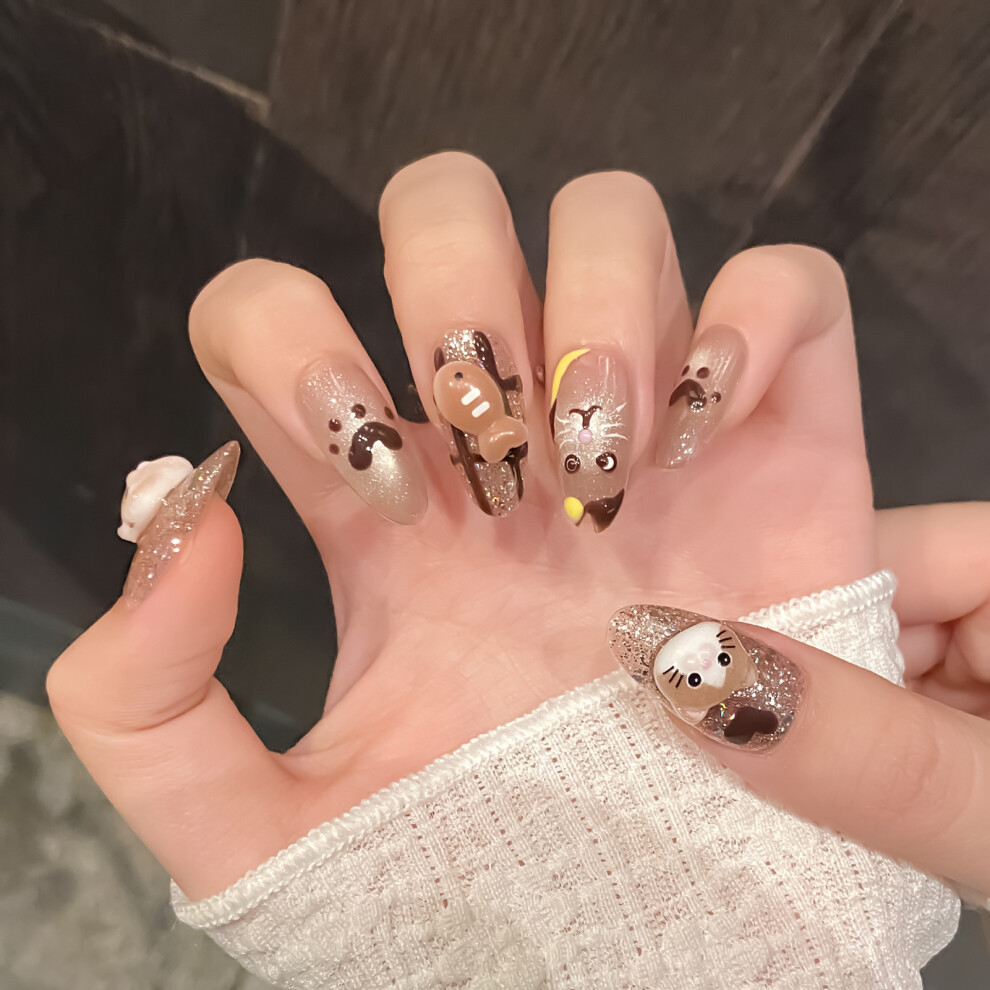 Penghui-Toys (S) Cat Eyes Long Fake Nails With Cat Decor Reusable Long Lasting Press On Nails For Stage Performance Wear