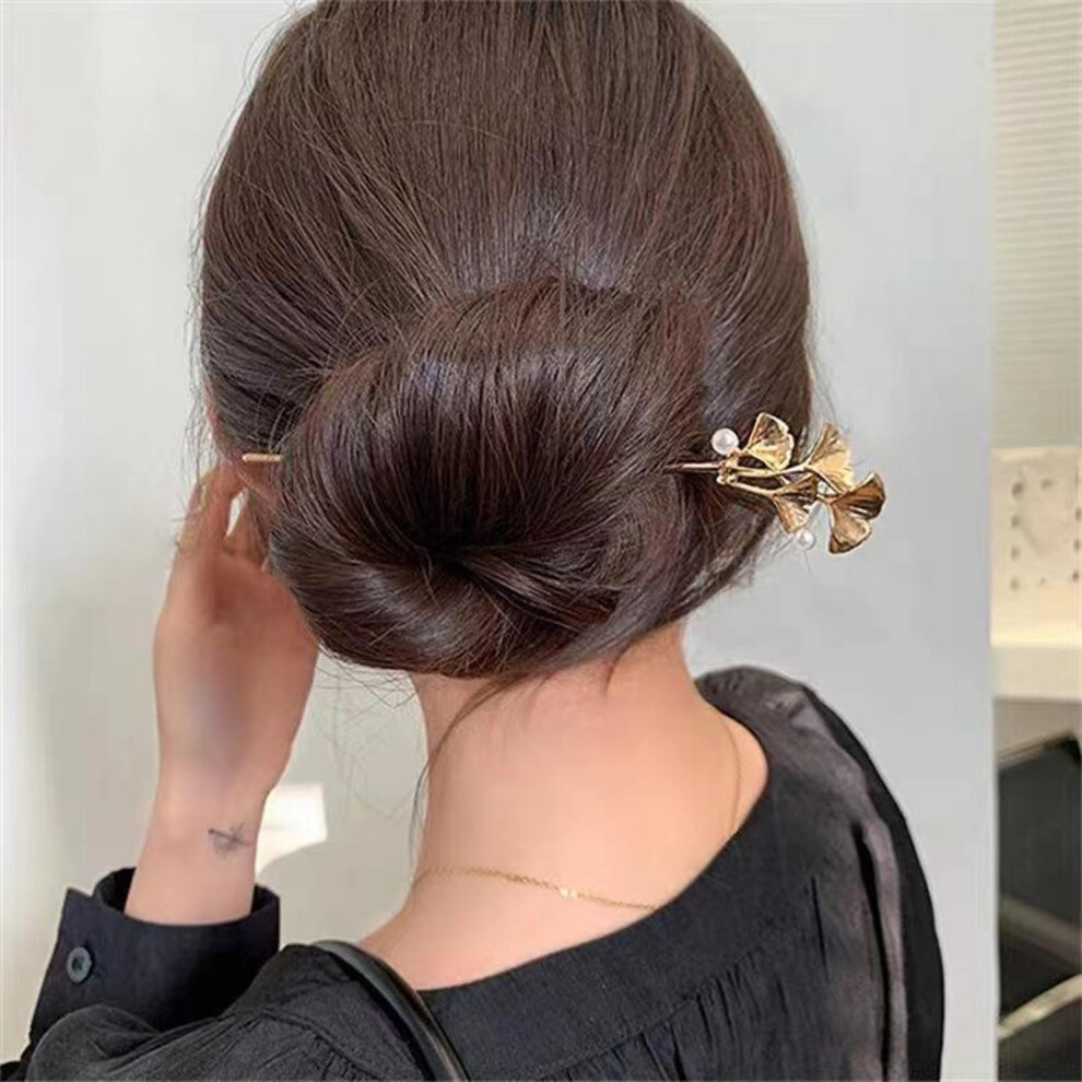 Roc-Electron (Gold) Vintage Ginkgo Hair Sticks - Elegant Metal Pins For Women