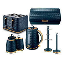 Tower Empire Kitchen Set 5 Piece Bundle – 1.7L Kettle, 4 Slice Toaster, Bread Bin, Canisters, Mug Tree & Towel Pole Blue – EEJB467