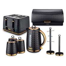 Tower Empire Kitchen Set 5 Piece Bundle – 1.7L Kettle, 4 Slice Toaster, Bread Bin, Canisters, Mug Tree & Towel Pole Black, Brass, EEJB469