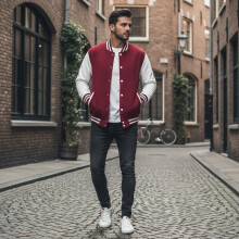 (Wine Red, S) Men\'s Warm Stand Collar Baseball Jacket - Polyester Blend