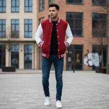 (Wine Red, L) Men\'s Warm Stand Collar Baseball Jacket - Polyester Blend
