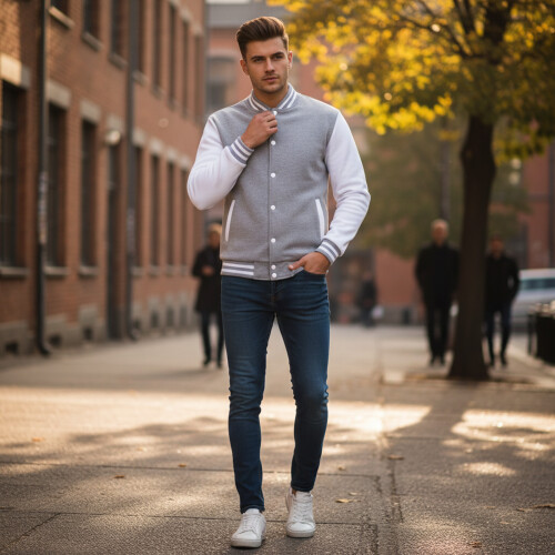 (Light Grey, M) Men\'s Warm Stand Collar Baseball Jacket - Polyester Blend