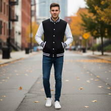 (White, M) Men\'s Warm Stand Collar Baseball Jacket - Polyester Blend