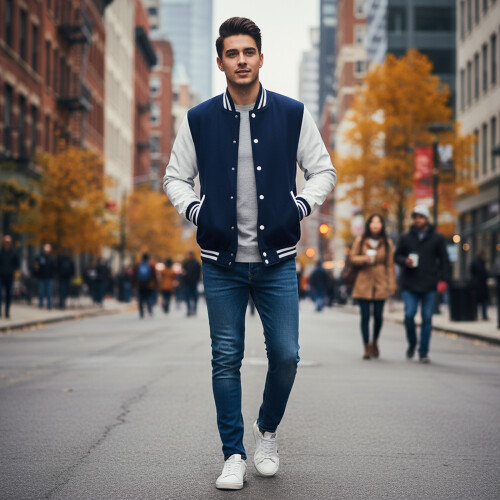 (Navy Blue, XL) Men\'s Warm Stand Collar Baseball Jacket - Polyester Blend