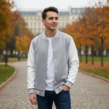 (Light Grey, S) Men\'s Warm Stand Collar Baseball Jacket - Polyester Blend