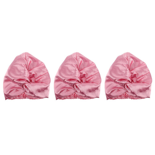 3Pcs Satin Bath Cap Pink Elastic Sleep Bonnet Multipurpose