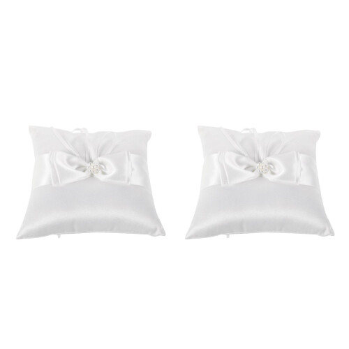 2Pcs Satin and Polyester Ring Pillow White Wedding Cushion for Bride