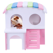 1Pc Durable Pink Wooden House for Hamster Double Layer Nest Cage