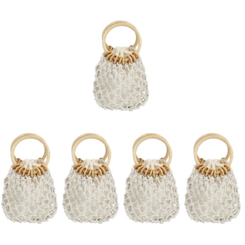 5Pcs White Woven Drawstring Handbag for Summer Casual Use