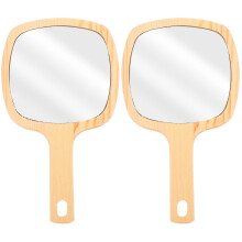 2 Pcs Wooden Handle Handheld Makeup Mirror