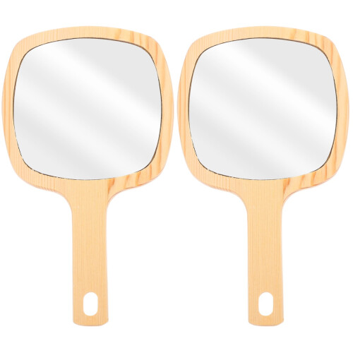 2 Pcs Wooden Handle Handheld Makeup Mirror