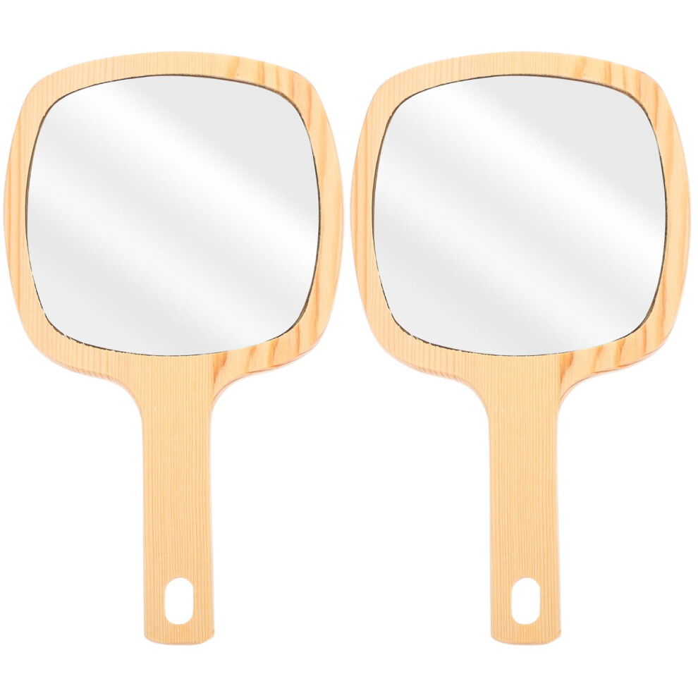 Inoomp 2 Pcs Wooden Handle Handheld Makeup Mirror