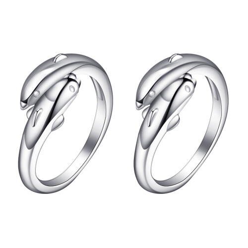 2Pcs Women's Silver Double Dolphin Adjustable Open-End Rings