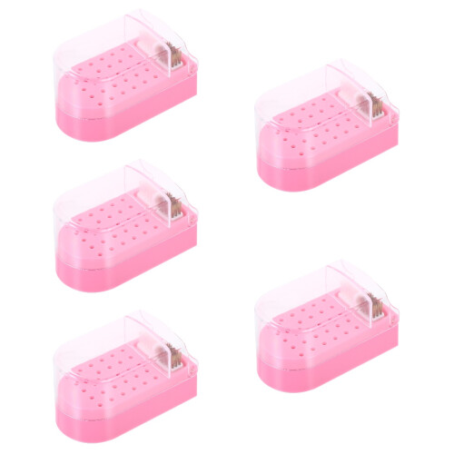 5Pcs Manicure Nail Drill Bit Storage Box Pink Plastic Display Case