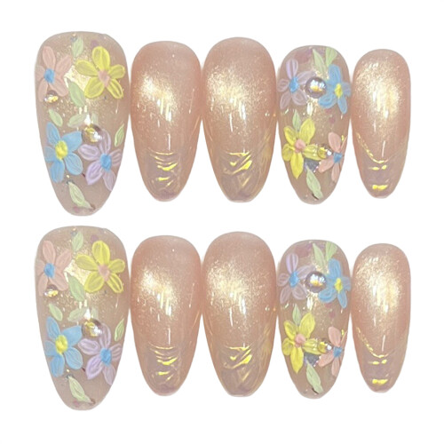 (984 Medium Oval, XS) Artistic Press On Nails - Summer Manicure 1