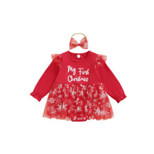 (6-12 Months, Red) Gúna Romper do Chailíní, Tutu Muinchille Fada le Muineál Criú agus Banda Ceann Bogha do Naíonáin