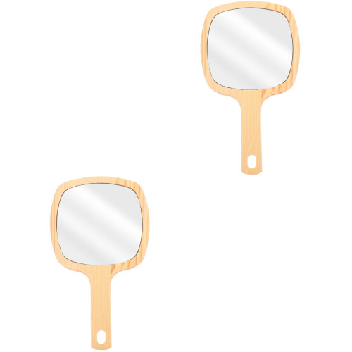 2 Pcs Wooden Handle Handheld Makeup Mirror 2