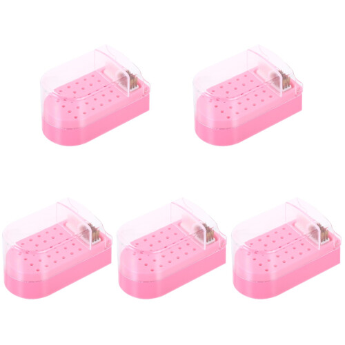 5Pcs Manicure Nail Drill Bit Storage Box Pink Plastic Display Case 2