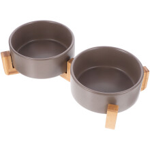 1Set Dual Ceramic Dog Food and Water Bowl with Stable Wood Holder