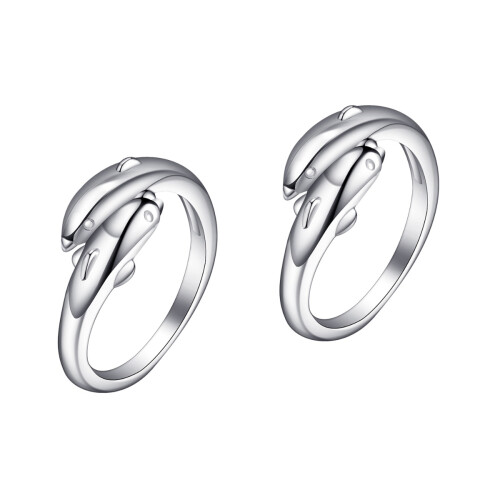 2Pcs Women's Silver Double Dolphin Adjustable Open-End Rings 2