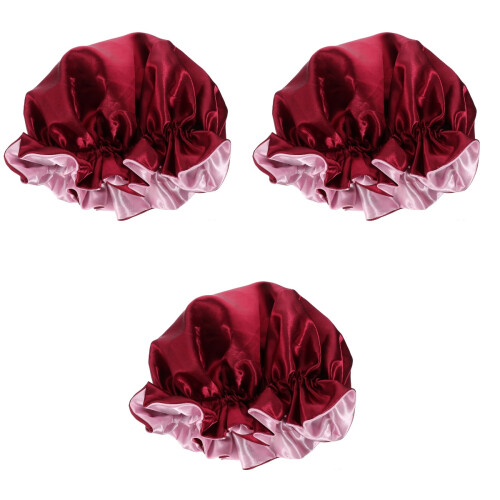 3Pcs Satin Double-Layer Hair Bonnets Night Sleeping Caps Dark Red