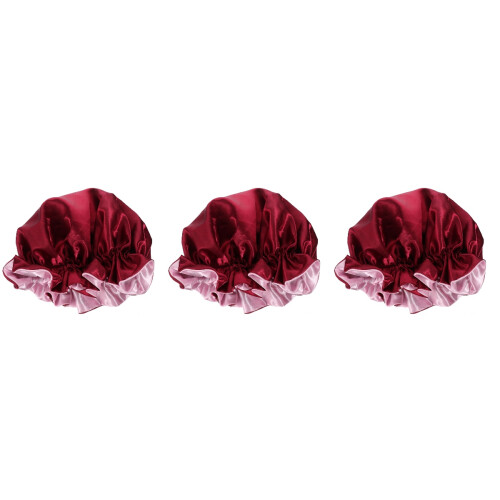 3Pcs Satin Double-Layer Hair Bonnets Night Sleeping Caps Dark Red 1