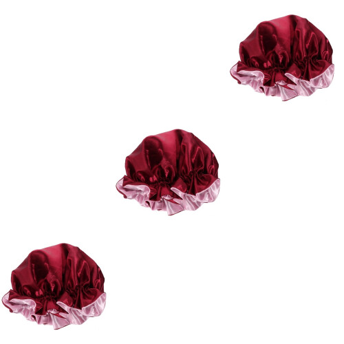 3Pcs Satin Double-Layer Hair Bonnets Night Sleeping Caps Dark Red 2
