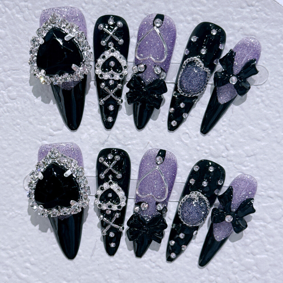 Dachuang Beauty (Xs) Glittery Black Purple False Nails - Reusable