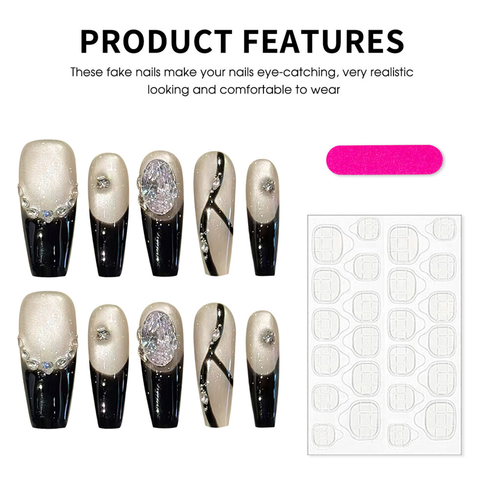 Zhouq-Outdoors (623 Long Ladder, Xs) 10Pcs Black Silver Glitter French Press On Nails