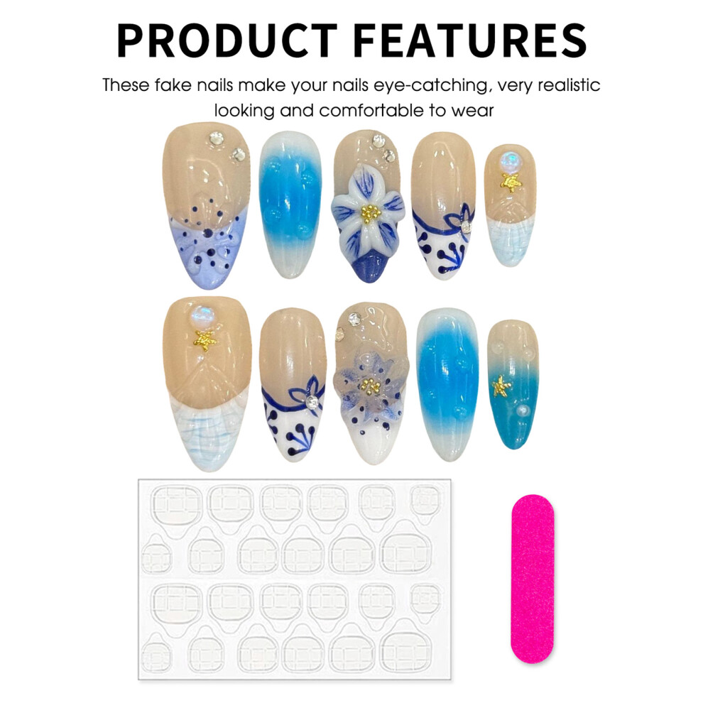 Hue-Grain (Xs) 10Pcs Blush Blue False Nails, No Break Design