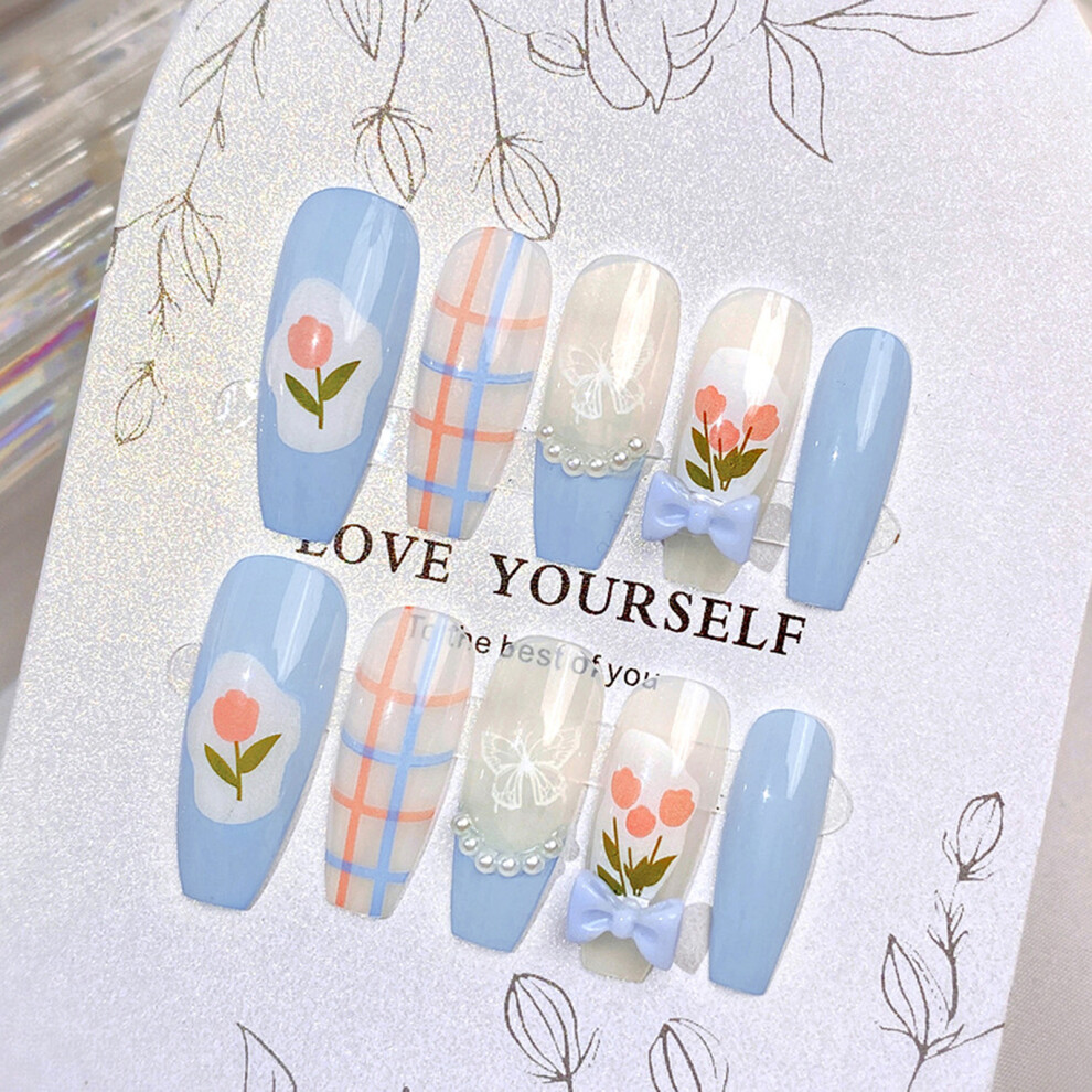 Bright-Home Blue White Fake Nails With Pearls Decor Chip-Proof Smudge-Proof Fake Nails For Fingernail Diy Decoration