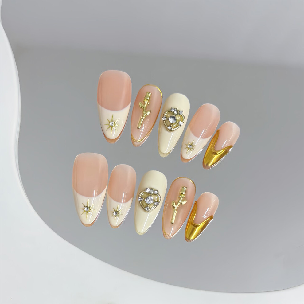 Reach-Tools (Rose Star Almond, Xs) 10Pcs Almond French Fake Nails Rose Star Design