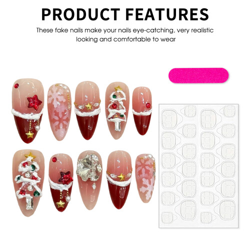 (S) 10PCS Christmas Fake Nails Red Tip Waterproof Safe