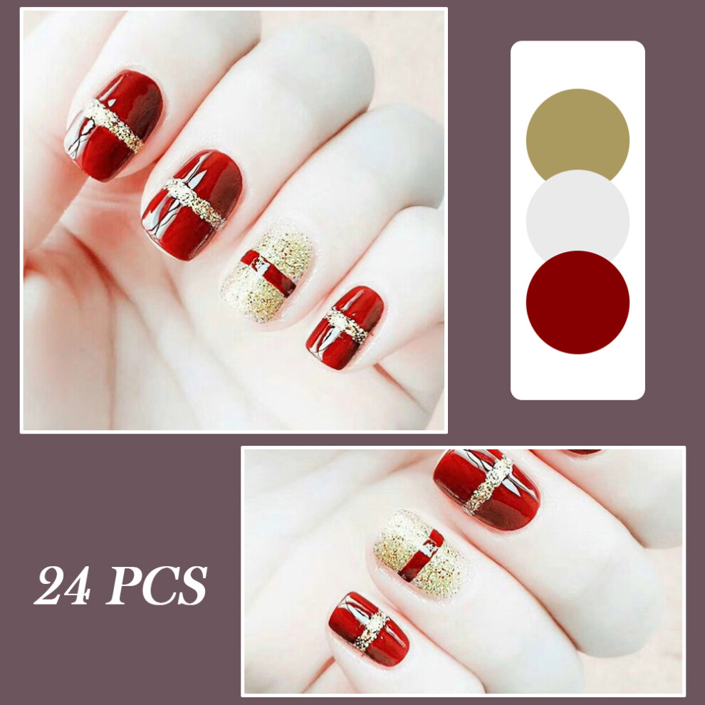 Dachuang Beauty Red,Gold (Jelly Glue Model) 24Pcs Wine Red Gold Glitter Fake Nails For Women