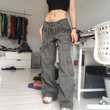 (Gray, S) Damen Cargohose mit Reißverschluss, High Waist, Baumwolle