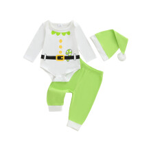 (3-6 Months, Light Green) Ubranka dla niemowląt na święta, pas, nadruk, długi rękaw, kontrastowe spodnie i czapka, 3 sztuki
