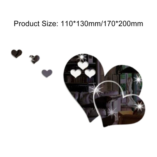 (Black) 3D Heart Mirror Wall Sticker for Home Decor