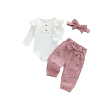 (6-9 Months, Pink) Jesienny strój dla dziewczynki: kombinezon z długim rękawem, spodnie w kwiaty i opaska na głowę