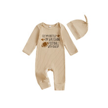 (3-6 Months, Khaki) Romper Buachaillí agus Cailíní Faiseanta, Leapsuits Muinchille Fada le Hata, Priontáilte le Litreacha