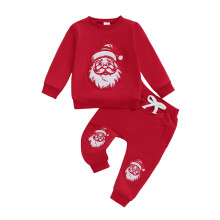 (6-12 Months, Red) Świąteczny ubiór dla dzieci: bluza z Mikołajem, długi rękaw, spodnie dresowe, 2 szt.