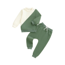 (4-5 Years, Green) Baby herfst 2-delige outfit: top met lange mouwen en ronde hals, kleurblokken en broek met elastische taille.